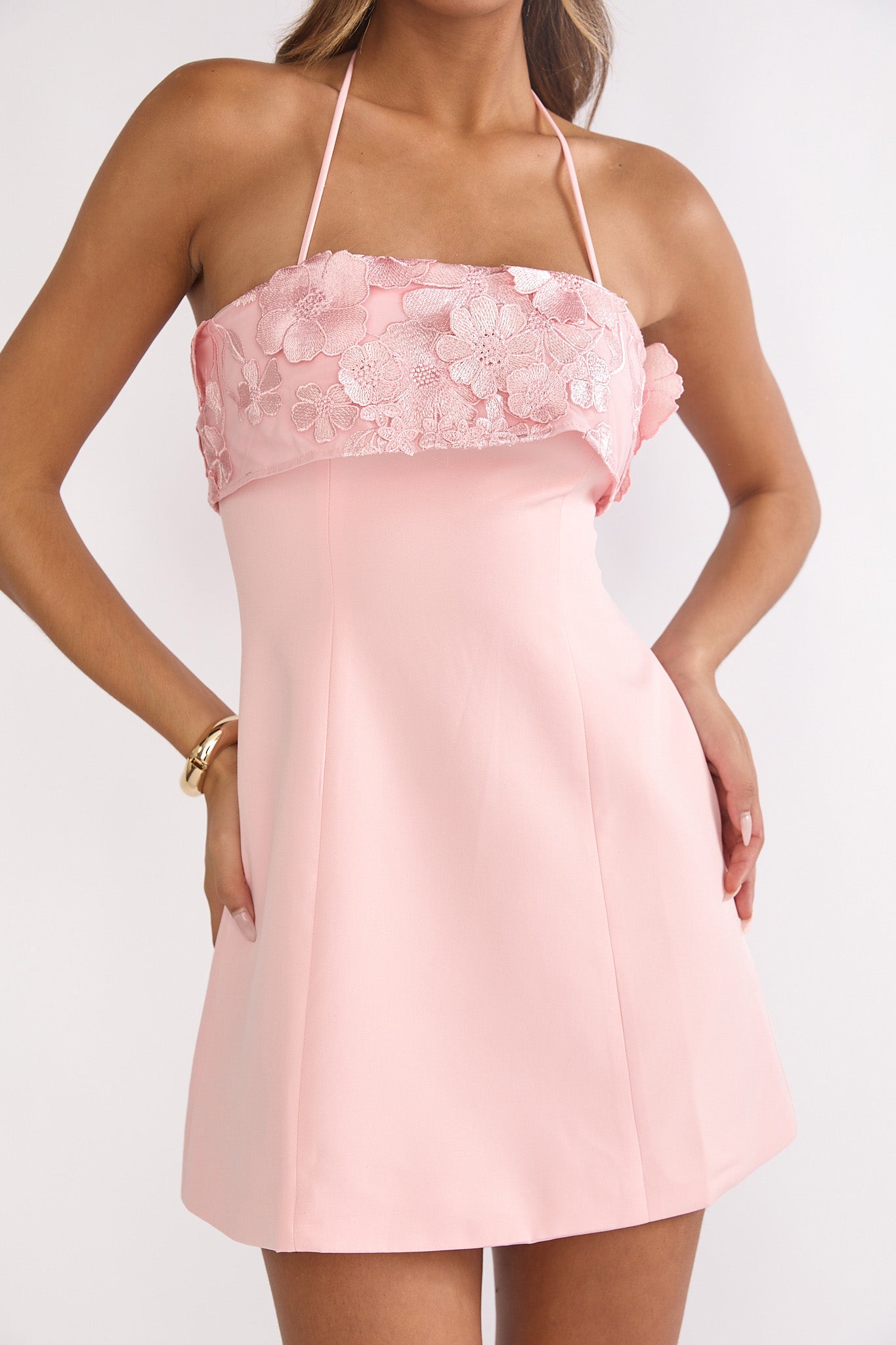 Sunbeam Kiss Foldover Floral Bust Mini Dress Blush