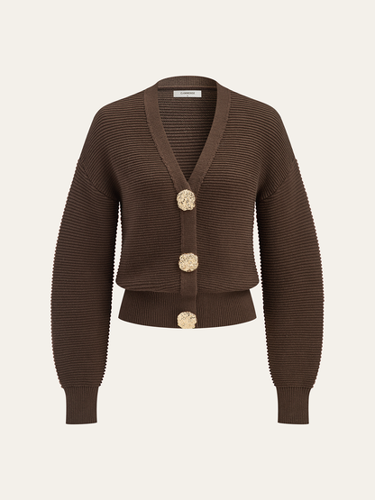 Metal Button V-neck Textured Cardigan