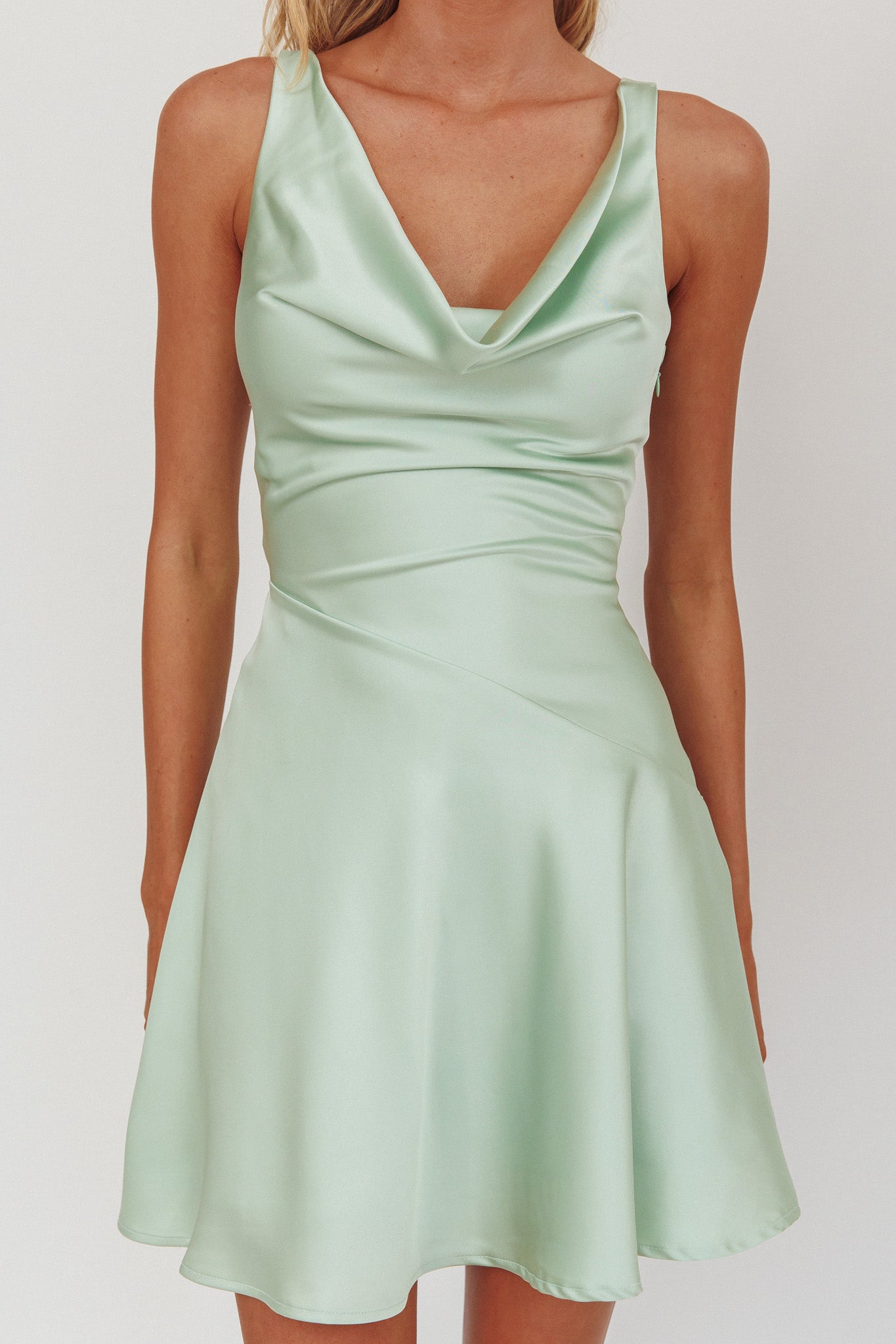 Brigid Cowl Neck Scoop Back Mini Dress Mint